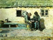 Christian Krohg to fiskere pa en bank faran staldlangen i brondums gard oil on canvas